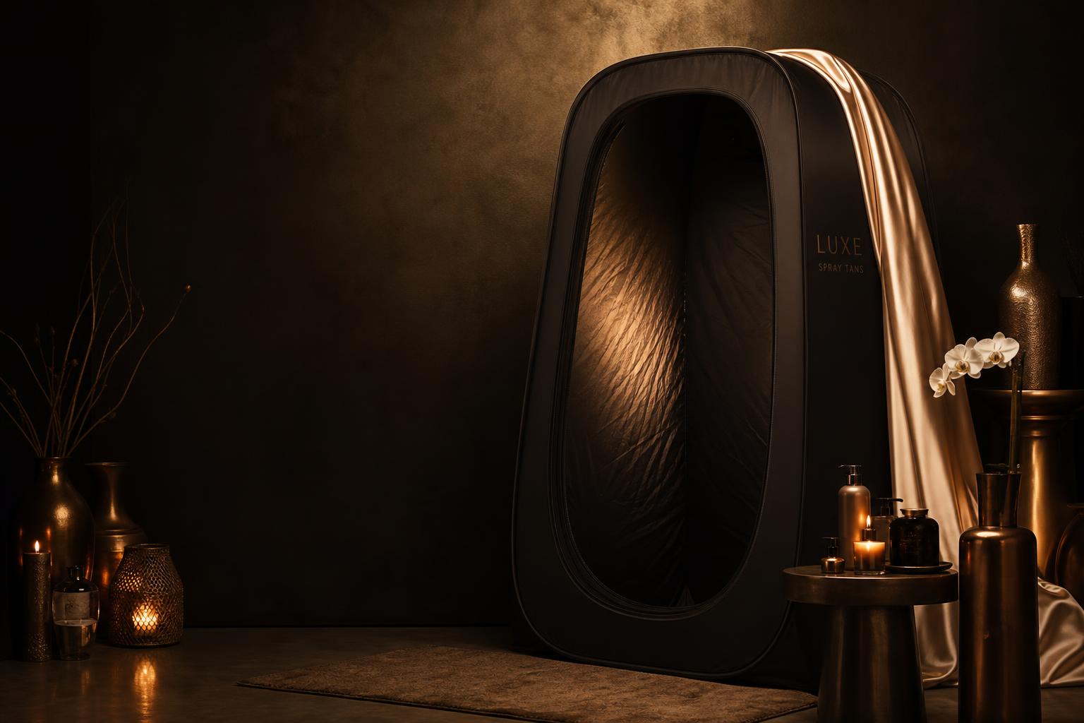 A luxury mobile spray tanning tent staged in an elegant bronze and gold setting
