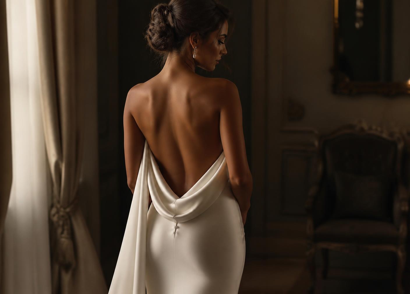 Bride in a silk gown with a soft bronzed glow