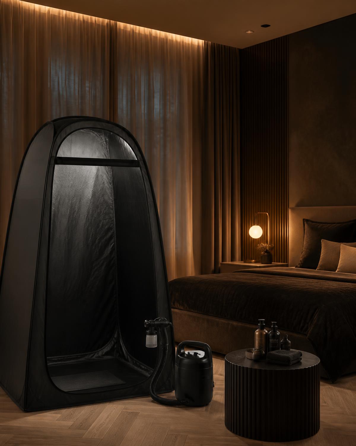 Elegant mobile tanning set-up in a warmly lit private room
